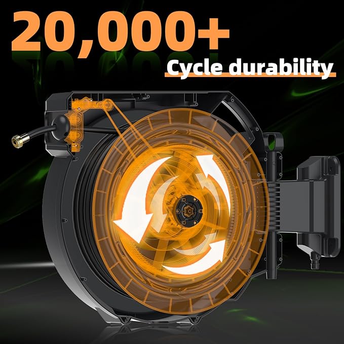 Retractable Garden Hose Reel 5/8 in x100 ft, Heavy Duty Wall Mounted Hose Reel with 10- Function Sprayer Nozzle, Any Length Lock/Automatic Slow Return System,180° Swivel Bracket