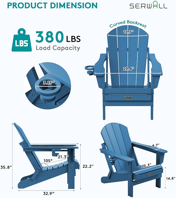SERWALL Folding Adirondack Chair Set of 4, Weather Resistant HIPS Patio Chairs with Cup Holder for Garden Outdoors Fire Pit Chairs- Sapphire