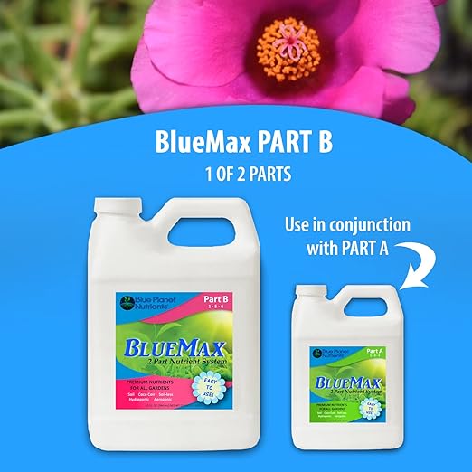 BlueMax Part B Gallon (128 oz) Premium Nutrients for All Gardens! | Grow Flowers, Herbs, Vegetables, Fruit | Soil Hydroponic Aeroponic Coco Coir Soil-Less | Blue Planet Nutrients
