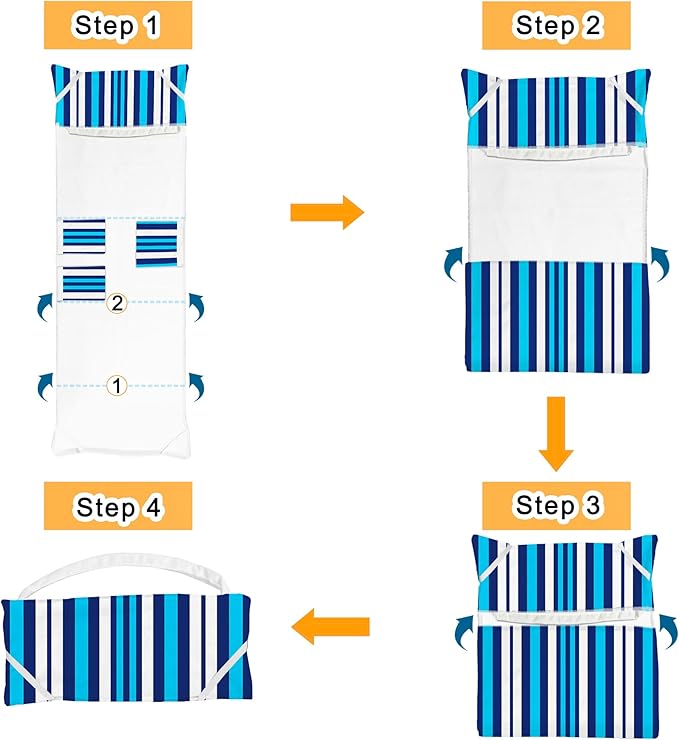Lounge Chair Towel Cover, Beach Chair Covers (Pack of 2), Chaise Lounge Cover with 3 Pockets for Pool Beach Garden Courtyard Outdoor Trips, 85 x30 in,Striped Dark Blue White & Sky Blue