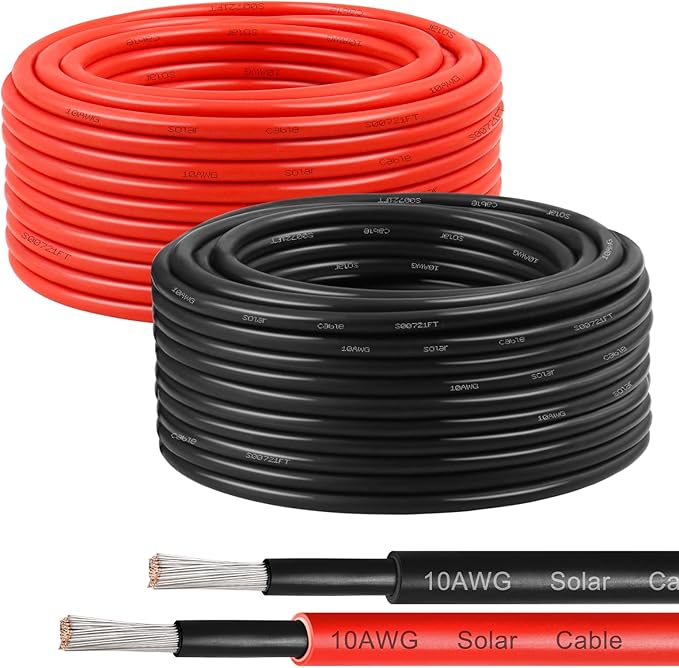 10AWG Solar Wire 6mm², 2 Pack 50FT Red & Black Solar Panel Cable, 84 Strands Tinned Copper, XLPE Insulated Outdoor Wire for PV Systems, Inverter, Battery, RV, Car, Boat – Fire & UV Resistant