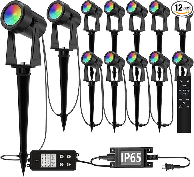 SUNTHIN Outdoor RGBW Landscape Lighting with Remote, Dusk to Dawn, 12 Pack | Outdoor LED Landscape Lighting with Remote Control, Color Changing Yard Lights, IP65 Waterproof for Garden, Trees, Lawn