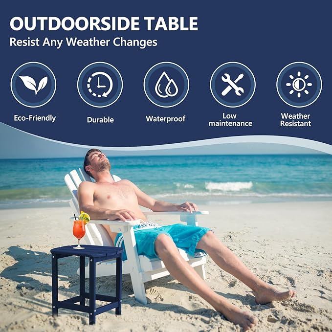 Plawdlik HDPE Outdoor Adirondack Side Table, Wooden Textured, Set for Patio, Garden, Porch, Pool Composite, Backyard, Bathroom and Indoor, Maintenance & Weather Resistant, Navy Blue