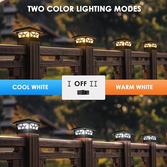 4 Pack Solar Post Cap Lights Outdoor Waterproof, Fits 4x4, 5x5, 6x6 Wooden & Vinyl Fence Decks with Warm & Cool White Light Modes.(Classic Black,4)