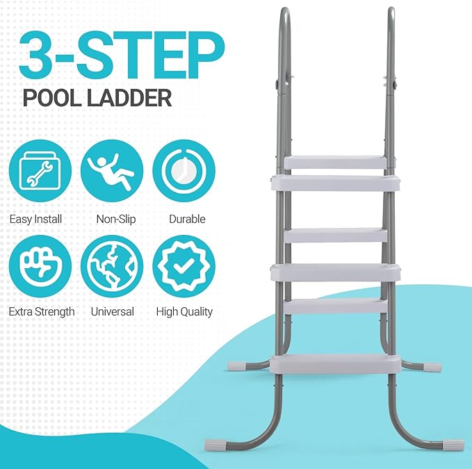 Outvita Above Ground Pool Ladder, 3-Step Steel A-Frame Swimming Pool Stairs for 42" High Wall, 300 lbs Capacity Entry/Exit Steps with Secure Non-Slip Sturdy Wide Step