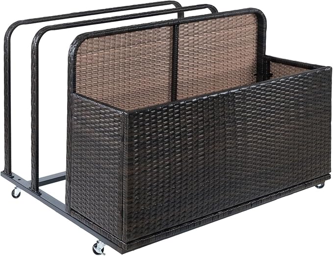 Outdoor Wicker Patio Poolside Float Storage with Rolling Wheels, Pool, Beach, Patio Storage Bin for Floaties, Pool Accessories and Patio Furniture Brown