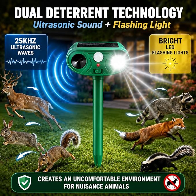 4 Pack Sonic Fortress Pro Deer Repellent Solar Animal Repeller Outdoor, Ultrasonic Cats Deterrent with Motion Sensor & Flashing Light, Deer Rabbit Squirrel Raccoon Fox Cat Repellent for Yard Garden