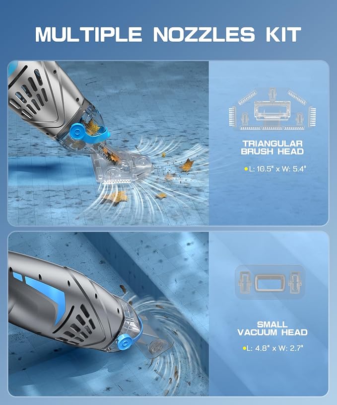 UIRWAY V3 Cordless Pool Vacuum for Above Ground Pools, Upgraded 26.5 GPM Powerful Suction, IPX8 Handheld Rechargeable Cleaner 2 Vacuum Heads & 4 Filter Bags, 1H Runtime, Portable for Inground Pools