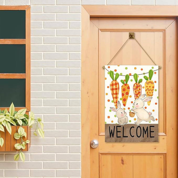 Large Easter Garden Flag 28x40 Inch Double Sided Welcome Bunny and Carrot Yard Flags Spring Outdoor Porch Decorations Farmhouse Easter Bunny House Banners for Lawn Patio Garden and Home Decor