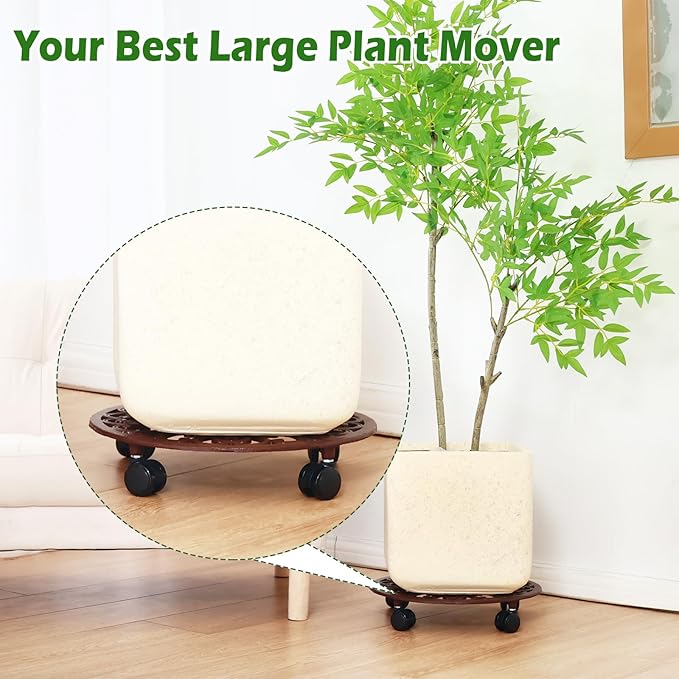 1 Packs 14 Inch Rolling Plant Stand with Wheels Metal Plant Caddy with Wheels Heavy Duty Round Plant Stand Indoor Iron Plants Rollers for Plants, Plant Dolly Brown
