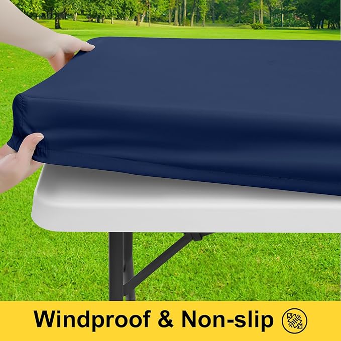 Smiry Picnic Table Cover with Bench Covers, Waterproof Elastic Fitted Polyester Tablecloths for 5 Ft Rectangle Tables, Washable Windproof Tablecloth for Outdoor, RV & Camping (Navy, 30x60 Inches)