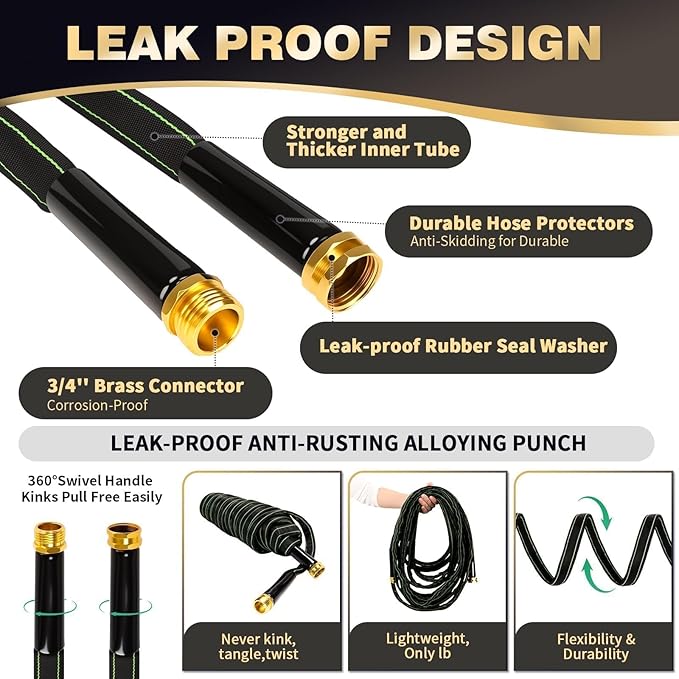 Garden Hose 100 ft Water Hose Flexible Heavy Duty Outdoor Lightweight No Kink Long Non-Expandable High Pressure Flat Hoses Pipe 100’ Strong 3/4’’ Brass Fitting for Outside Yard Lawn Car Wash