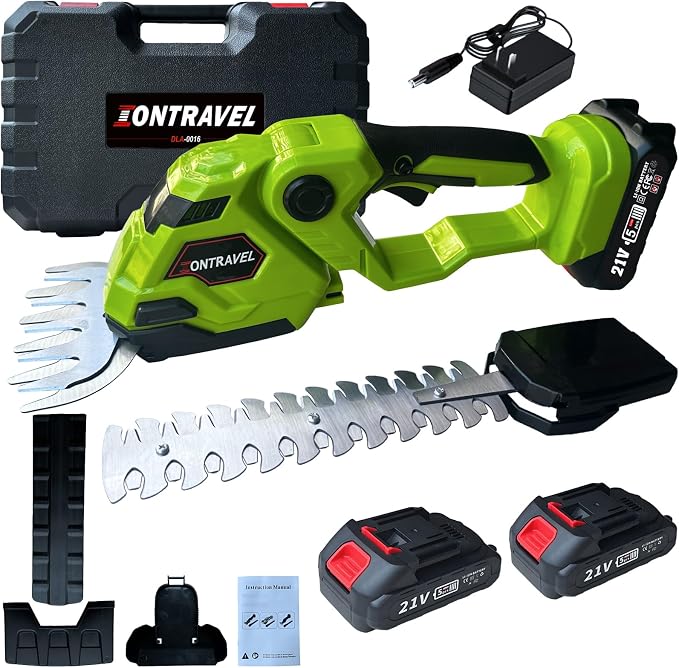 Cordless Hedge Trimmer & Grass Shears - 21V Electric Shrub Trimmer Grass Shears Handheld Grass Cutter, Hedge Shear with 2 PCS Rechargeable Battery, Charger and Toolbox to for Garden, Lawn (Green)