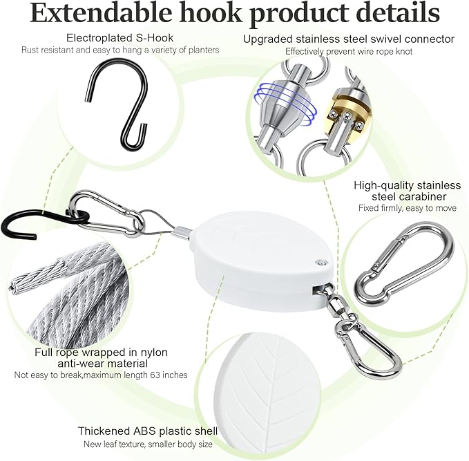 2026New 2Pcs Retractable Plant Hanger with Leaf Texture,44Lbs Load Capacity,Auto Lock,Adjustable Hook for Hanging Plants,Bird Feed,Wind Chimes,Garden Pots,Rust-Proof Stainless Steel,White