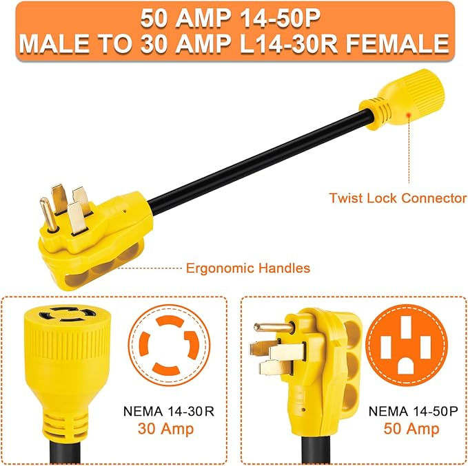 NEMA 14-50P to L14-30R Generator Transfer Switch Adapter Cord, 240V/120V 50 Amp Male to 30 Amp Female Twist Lock 4 Prong Generator Adapter Cord, STW 10 AWG Heavy Duty ETL Listed