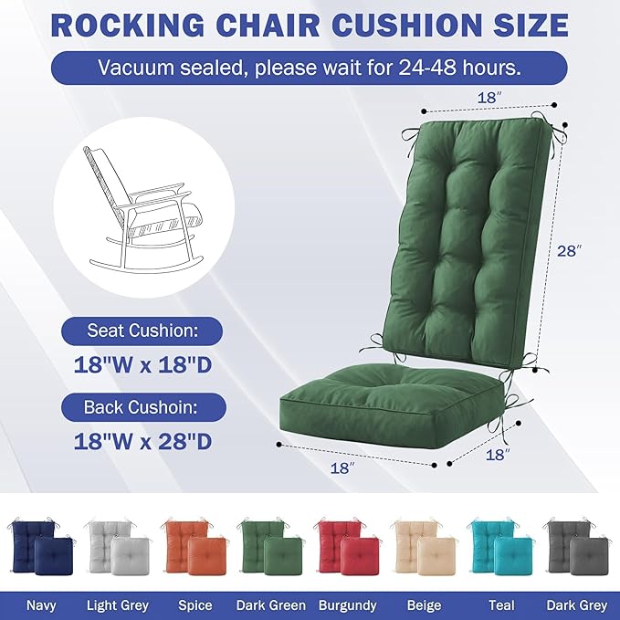 IPYNBAP Rocking Chair Cushion, Waterproof and Fade-Resistant Patio Chair Cushions, Tufted Chair Pads for Rocker Furniture, 18x18 Inch, Indoor/Outdoor Seat Cushions with Ties, Dark Green