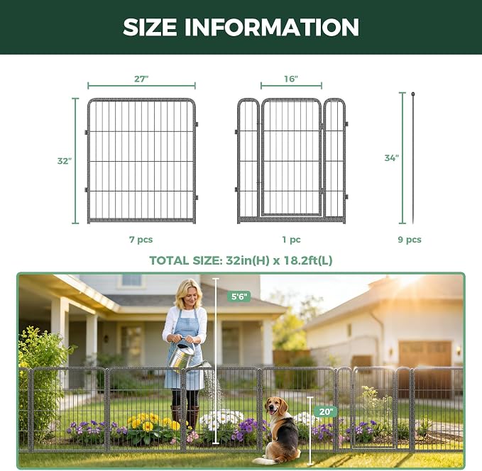FXW Garden Fence Outdoor for the Yard – 32in(H) x 18.2ft(L) Heavy Duty Metal Animal Barrier for Dog, No Dig Decorative Dog Fence, 8 Panels, Silver