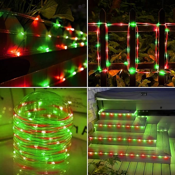 Solar Rope Lights, 2 Packs Total 66ft 200LED Solar String Lights, 8 Modes Waterproof Solar Powered Outdoor Light, Flexible Clear Tube Light for Garden Yard Patio Deck Porch Tree Xmas Decor -Red &Green