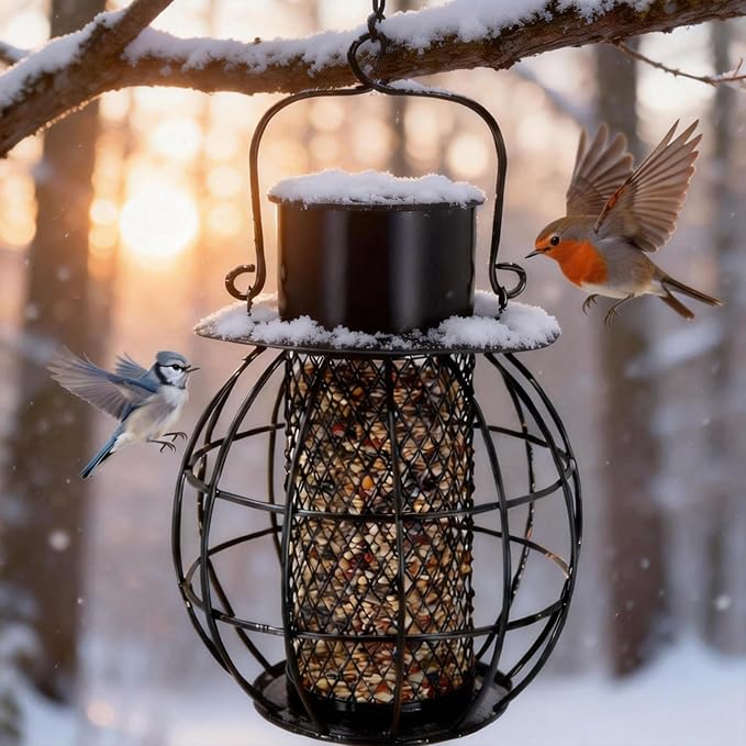 Suet Ball Bird Feeder Outdoor Hanging- Heavy Duty Metal Bird Feeder with Solar Lights,Chew-Proof,Outdoor Solar Lantern Feeder for Small Birds, Unique Gifts for Mom, Grandma (Black)