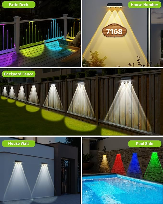 Solar Fence Lights Outdoor 8 Pack Waterproof Upgraded Brightness 3 LED Lens Solor Deck Lights Warm Cool Natural White RGB 10 Color Outside Solar Powered Wall Light for Backyard Garden Patio Step Rail