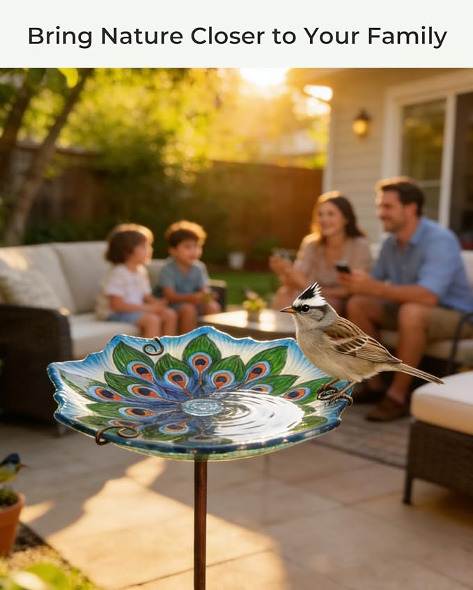 Glass Bird Bath with Stake 10.5" – Shallow Bird Bath for Outside Garden Backyard – Decorative Birdbath & Feeder for Patio Lawn – Hand-Painted Glass Water Dish, Peacock
