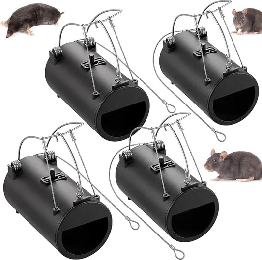 Qualirey 4 Pack Black Hole Gopher Trap with Leash, Tunnel Mole Trap Reusable Vole Traps Outdoor Rodent Control for Yard, Garden, Lawn and Farm, 6.3 x 3.5 Inch
