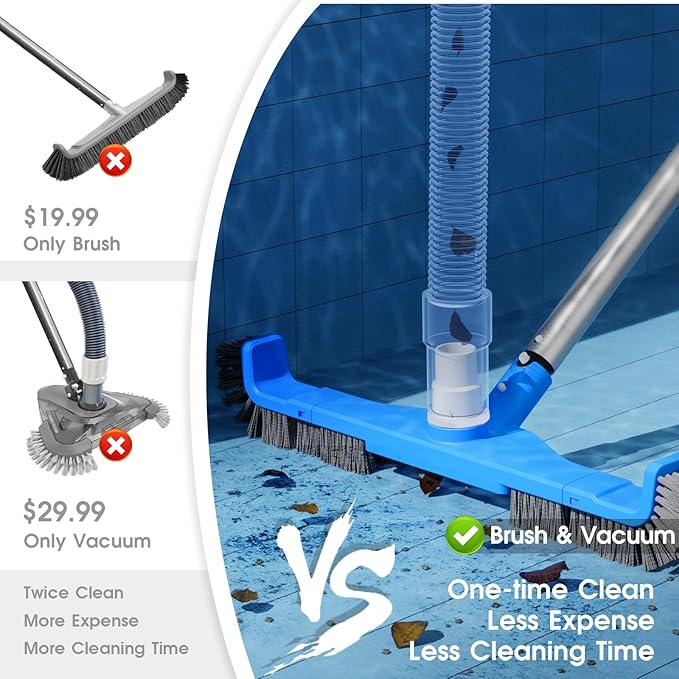 TidyMister 20" 2 in 1 Pool Brush Vacuum Head with Swivel Hose Connection & Sturdy Nylon Bristles for Heavy Duty Inground & Above- Ground Pool Cleaning - Connecting 1-1/4" or 1-1/2" Hose (No Pole)