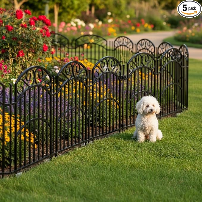 5 Panels 32in(H) Decorative Garden Fence, Total 11ft L Heavy Duty Iron Metal No Dig Animal Barrier Fence, Garden Border Fencing, Temporary Dog Fencing Outdoor for Yard