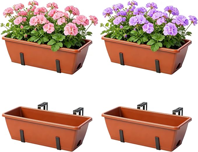 OYEAL Deck Railing Planter Box 4 Pack Window Boxes Planters with Adjustable Brackets 17 Inch Rectangular Hanging Flower Pots Outdoor for Garden Fence Balcony Porch Patio Decor, Red & Black