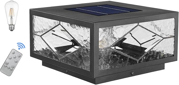 Solar Fence Post Lights Outdoor Waterproof LED with Remote Control, Solar Panel Powered Dusk to Dawn Cap Pillar Lighting, Waterproof Fence Post Cap Light for Deck Garden Patio Porch