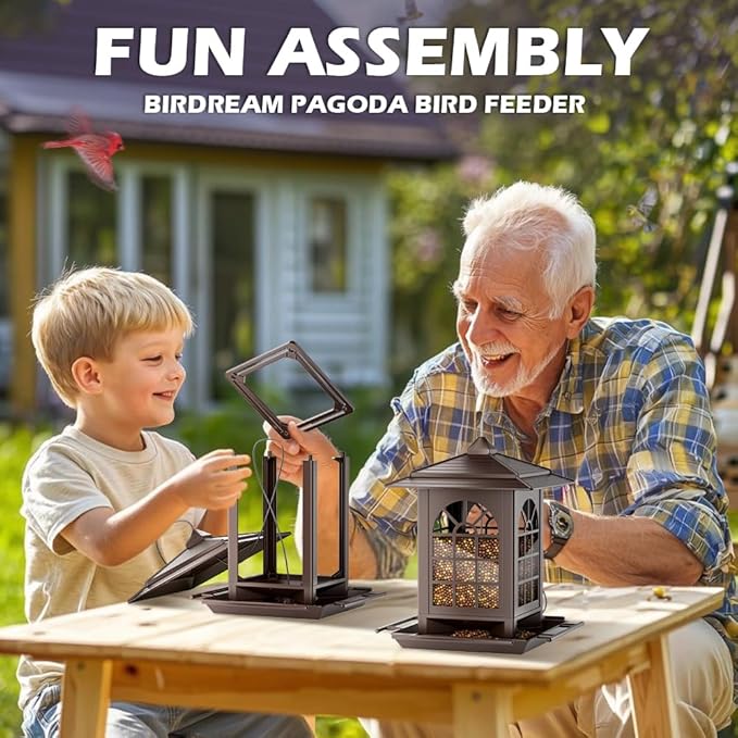 Birdream Bird Feeders for Outdoor Hanging, Assembly Required, 1-Min Easy Setup, Classic Courtyard Design, Attracting Cardinals Chickadees Goldfinches & Sparrows - Brown