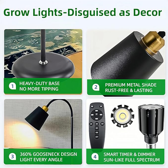 Floor Lamp Grow Lights for Indoor Plants, Adjustable Height Tall Standing Plant Light with Remote & Timer, 360° Gooseneck, Full Spectrum Dimmable, Weighted Base