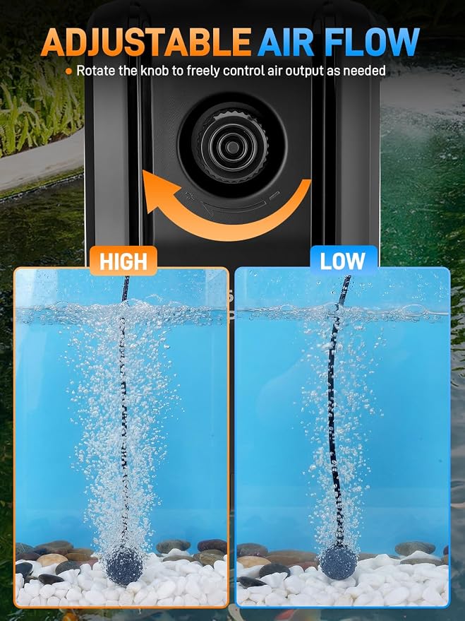 Pond Aerator 2 Outlets Air Pump Pond Aeration Kit with 30Ft Airline Tubings, 2 Check Valves & Air Stones, 5W Complete Pond Air Pumps for Small Fish Ponds up to 1400 Gallons and 4 Feet Deep