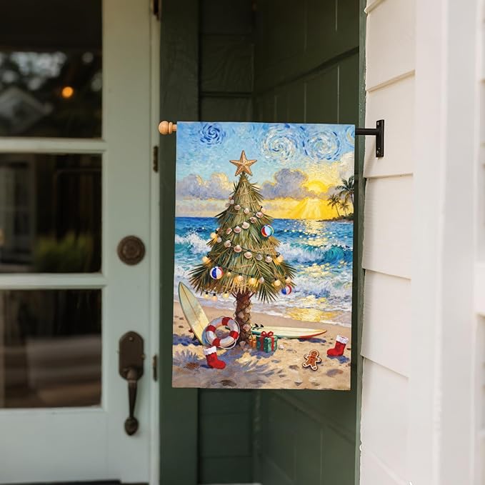 Coastal Christmas House Flag 28x40 Inch Xmas Tree Beach Holiday Themed Decorative Garden Flags for Outside Double Sided Winter Seasonal Outdoor Home Farmhouse Decoration Yard Porch New Year Decor