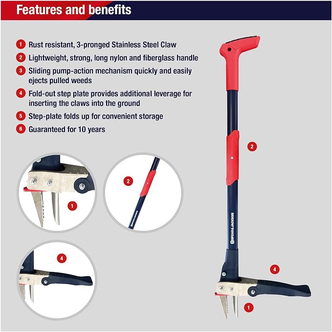 Spear & Jackson Weed Puller, Stand-Up Mechanical Garden Tool with Stainless Steel Claws and Long Nylon Fiberglass Handle