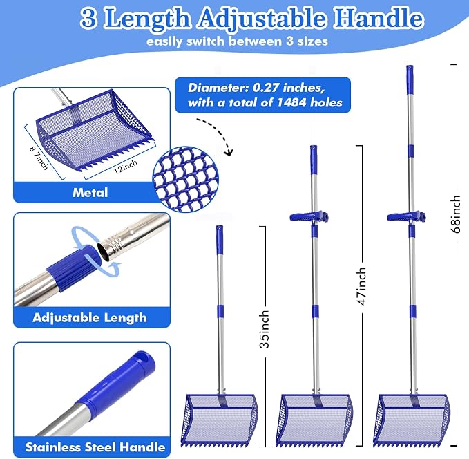 Chicken Poop Scooper Rake 2-in-1,304 Stainless Steel Shovel Head, Chicken Litter Scoop with Handle for Chicken Coop for Sand, Pet Waste Cleaning, Litter Sifting Shovel (35 to 65") (Blue, 12inch)