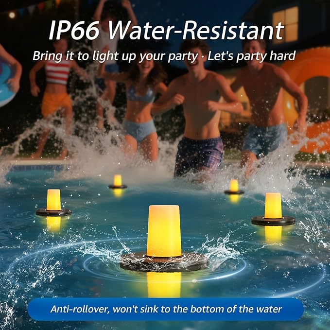 Solar Floating Pool Lights 2-Pack, 3.8” Small Floating Flickering Candles for Pools, Pond, Garden & Outdoor Decor, IP66 Water-Resistant, Auto Dusk-to-Dawn, 8-Hour Ambient Lighting