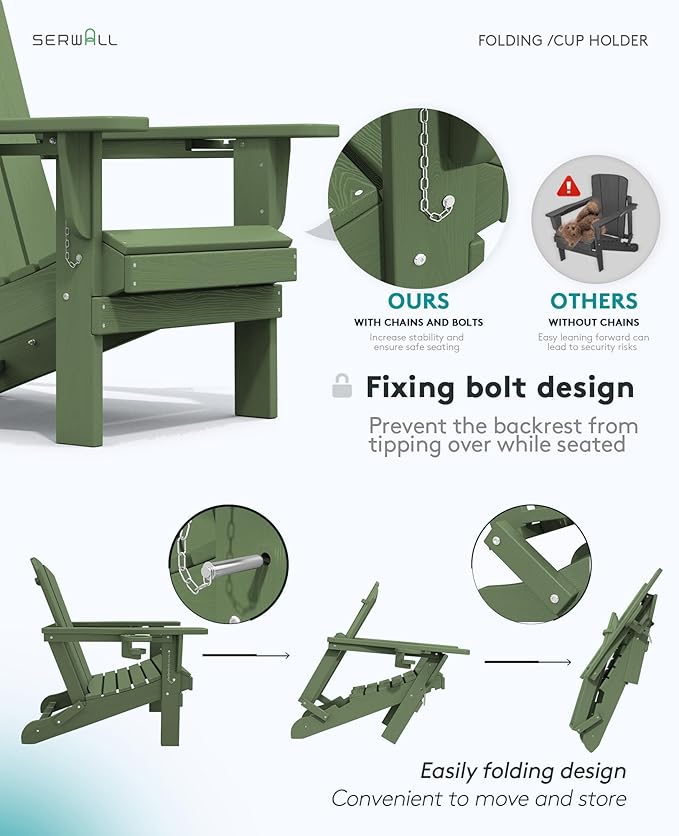SERWALL Adirondack Chair with Cup Holders - Composite Adirondack Chairs HDPE Outdoor Chairs All Weather Use- Avocado