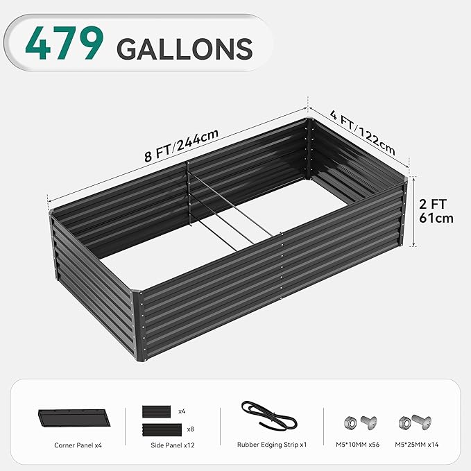 DWVO 8 x 4 x 2 FT Raised Garden Bed Kit, Outdoor Galvanized Flower Bed with Safety Rubber and Gloves, Large Metal Planter Box for Vegetables, Flowers, Herbs, Fruits, Black