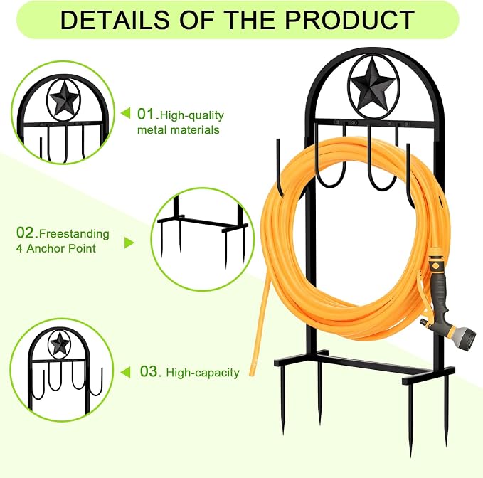 Garden Hose Holder - Upgraded Sturdy Hose Pentagram Holder, Freestanding Heavy-Duty Hose Reel, Sturdy Water Hose Holder and Hose Storage for Outside, Lawns and Yards,Black