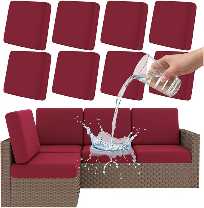 Smiry Waterproof Patio Cushion Covers, Stretch Outdoor Couch Slipcovers Replacement Washable Furniture Protector Sofa Chair Seat Cover for Dogs and Pets (8 Pcs, Wine Red)