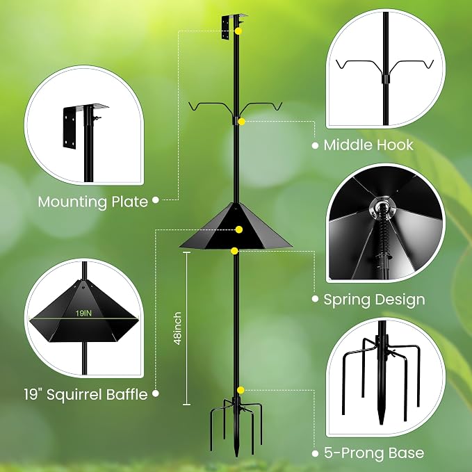 YINGYM Bird Feeder Pole, 79 Inch Heavy Duty Bird House Pole Mount Kit for Outdoors, Adjustable Feeding Stand, with 2-Hooks, Metal Squirrel Baffle and 5-Prong Base, Black