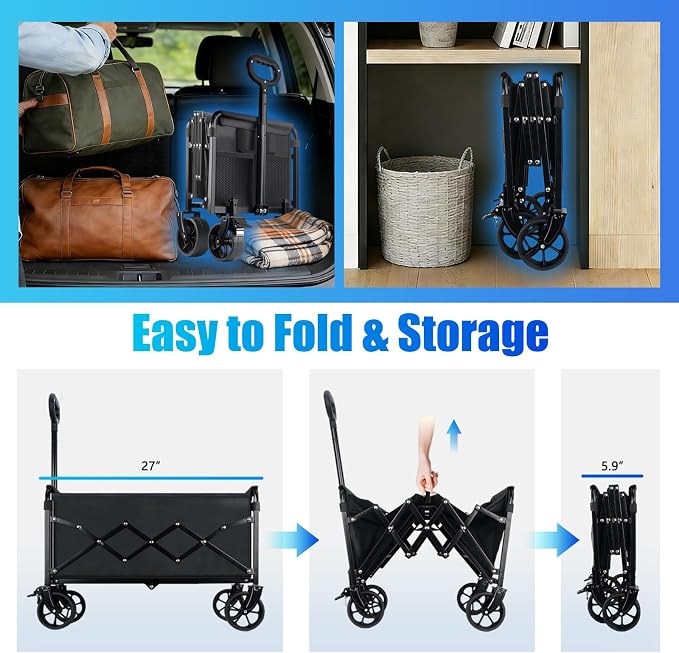 Collapsible Wagon Cart Foldable with Wheels - 280LBS Large Heavy Duty Folding Utility Wagon with All-Terrain Wheels & Brakes for Shopping Garden Beach Camping, 2 Drink Holders/Lightweight/Black