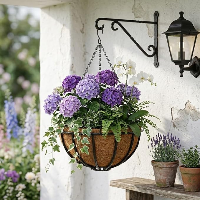 12 Inch Metal Hanging Basket with Coco Coir Liner for Flowers Planting, 2 Pack Hanging Baskets for Plants Outdoor, Round Wire Twisted Planters with Chain for Home Patio Porch Balcony Garden Decor