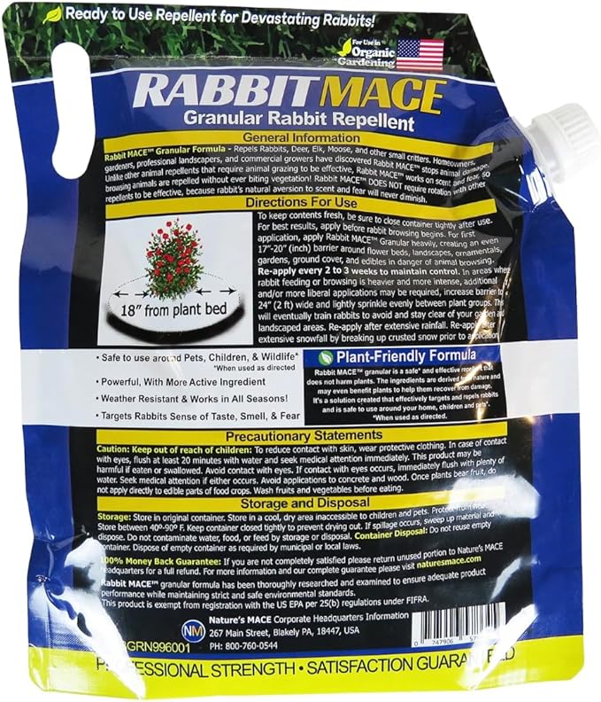 Nature's MACE Rabbit MACE Granules, Rabbit Repellent for Gardens, Lawns, Farms & Landscapes, Treats 19,000 sq ft, Granular Deterrent, 30 Pounds, All-Season Use, Safe for Pets, Children, and Plants