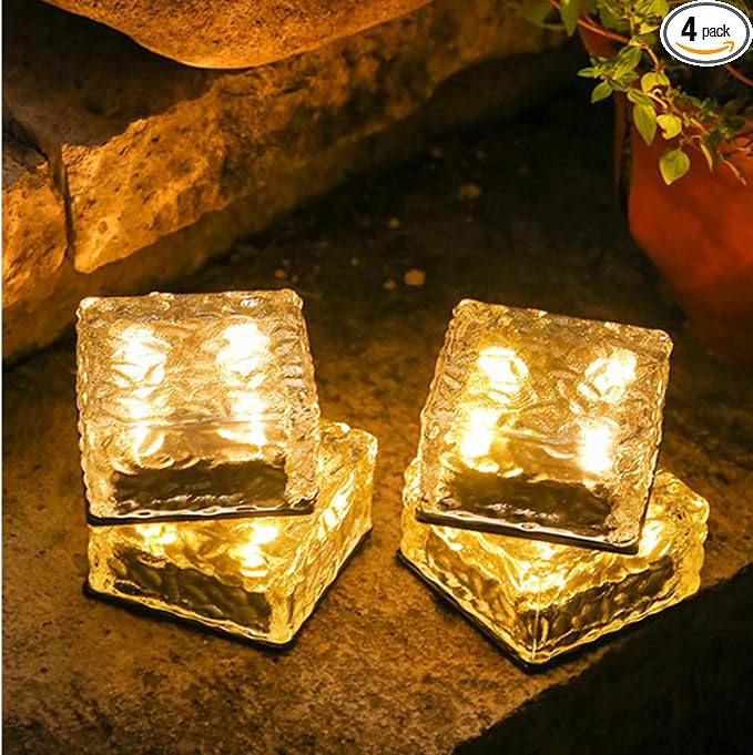 Outdoor 4 Pack Ice Cube Bricks Rocks Lights Solar Powered LED In Ground Pathways Patio Yard Garden Glow Lights Decor