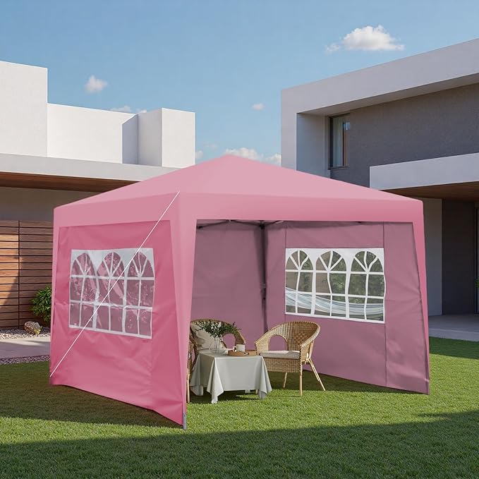 10x10FT Canopy Tent, Outdoor Gazebo Pop up Canopy with 4 Removable Sidewalls & 2 Windows, Patio Camping Shade Canopy with 4 PCS Weight Sand Bag & Carry Bag, Ideal for Parties Events, Pink