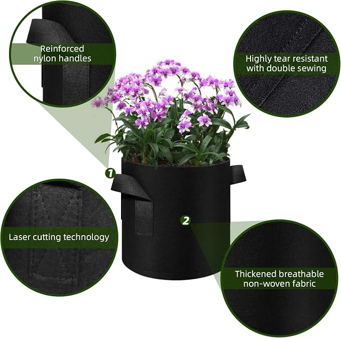 48 Pack 10 Gallon Plant Grow Bags, Thickened Nonwoven Fabric Pots with Handles, Vegetable Planter Bags Containers, Cloth Planters for Garden Vegetable/Flower/Plant/Fruits Outdoor (Black)