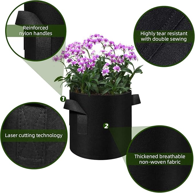 24 Pack Plant Grow Bags, Thickened Nonwoven Fabric Pots with Handles, Vegetable Planter Bags Containers, Cloth Planters for Garden Vegetable/Flower/Plant/Fruits Outdoor (Black) (Black, 15 Gallon)