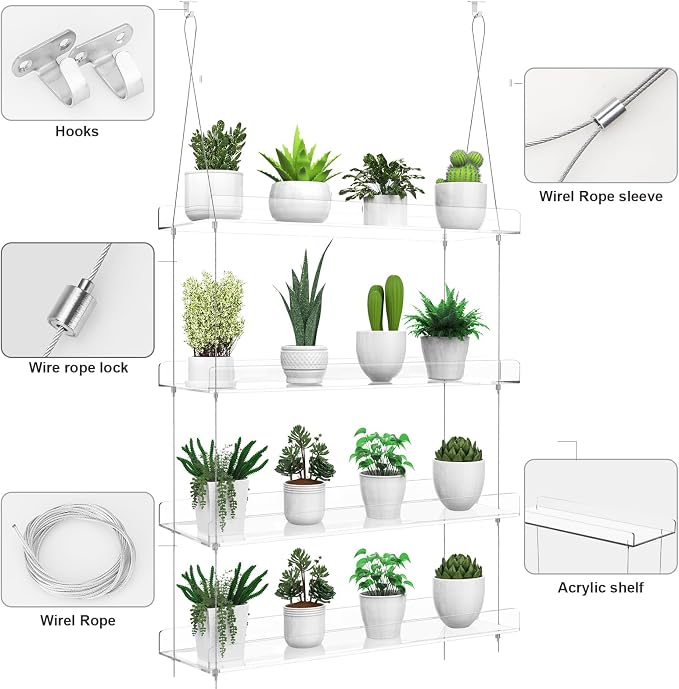 2-Pack Hanging Clear Plant Shelves for Windows, Acrylic Window Wall Plant Stand Shelf for Kitchen Indoor Gardens, Flower, Herb, Seedling Organization, and Pots Display, 16 Inch per Tier
